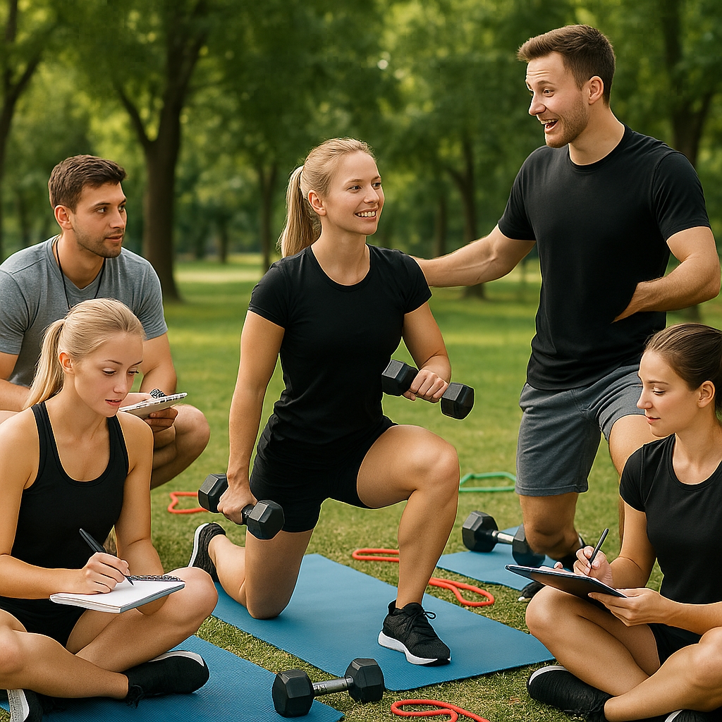 Teilnehmer absolvieren eine Übung im Freien für die Lizenz zum Medizinischen Fitnesstrainer.